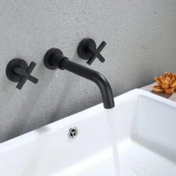 Double Handle Bathroom Faucet Wall Mounted Bathroom Sink Faucet In Matte Black -Tahanbath matte black tahanbath wall mounted faucets y w2287 p185559 31 1000