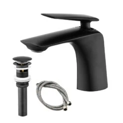 Single Handle Wall Mounted Bathroom Faucet With Pop Up Drain And Water Supply Hose In Matte Black