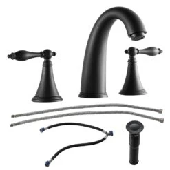 2 Handle Widespread Bathroom Faucet 3 Hole, With Pop Up Drain And 2 Water Supply Lines, Matte Black