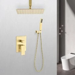 1-Spray Patterns Shower Head With Dual Ceiling Mount 1.5 GPM In Matte Gold -Tahanbath matte gold tahanbath dual shower heads y w928 th6006 16bg 31 1000