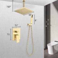 1-Spray Patterns Shower Head With Dual Ceiling Mount 1.5 GPM In Matte Gold -Tahanbath matte gold tahanbath dual shower heads y w928 th6006 16bg 44 1000