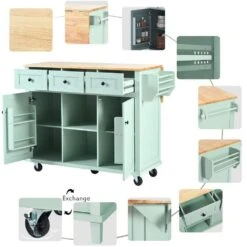Mint Green Kitchen Cart With Rubber Wood Drop-Leaf Countertop, 3 Drawers, Cabinet Storage And 5 Wheels -Tahanbath mint green tahanbath kitchen carts z wf298028aae 1d 1000