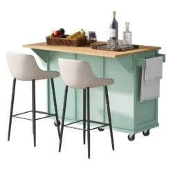 Mint Green Kitchen Cart With Rubber Wood Drop-Leaf Countertop, 3 Drawers, Cabinet Storage And 5 Wheels -Tahanbath mint green tahanbath kitchen carts z wf298028aae 40 1000