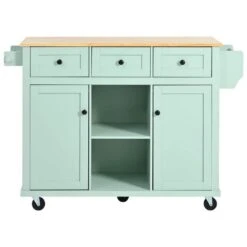 Mint Green Kitchen Cart With Rubber Wood Drop-Leaf Countertop, 3 Drawers, Cabinet Storage And 5 Wheels