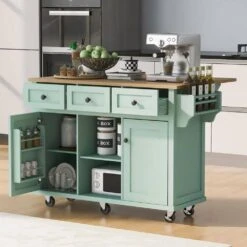 Mint Green Kitchen Cart With Rubber Wood Drop-Leaf Countertop, 3 Drawers, Cabinet Storage And 5 Wheels -Tahanbath mint green tahanbath kitchen carts z wf298028aae 66 1000