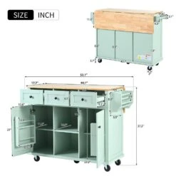 Mint Green Kitchen Cart With Rubber Wood Drop-Leaf Countertop, 3 Drawers, Cabinet Storage And 5 Wheels -Tahanbath mint green tahanbath kitchen carts z wf298028aae 76 1000
