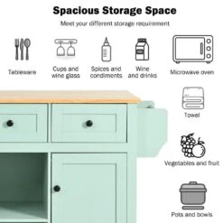 Mint Green Kitchen Cart With Rubber Wood Drop-Leaf Countertop, 3 Drawers, Cabinet Storage And 5 Wheels -Tahanbath mint green tahanbath kitchen carts z wf298028aae 77 1000