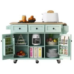Mint Green Kitchen Cart With Rubber Wood Drop-Leaf Countertop, 3 Drawers, Cabinet Storage And 5 Wheels -Tahanbath mint green tahanbath kitchen carts z wf298028aae c3 1000