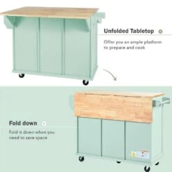 Mint Green Kitchen Cart With Rubber Wood Drop-Leaf Countertop, 3 Drawers, Cabinet Storage And 5 Wheels -Tahanbath mint green tahanbath kitchen carts z wf298028aae d4 1000