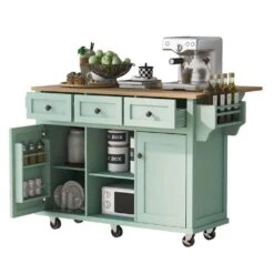 Mint Green Kitchen Cart With Rubber Wood Drop-Leaf Countertop, 3 Drawers, Cabinet Storage And 5 Wheels -Tahanbath mint green tahanbath kitchen carts z wf298028aae fa 1000