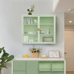 Modern Mint Green 3-Tier 2-Door Wall Cabinet With Glass Doors, 27.56 In. Ideal For Multiple Rooms -Tahanbath mint green tahanbath pantry organizers z w757119325 31 1000