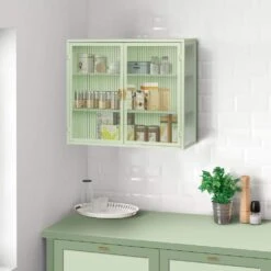 Modern Mint Green 3-Tier 2-Door Wall Cabinet With Glass Doors, 27.56 In. Ideal For Multiple Rooms