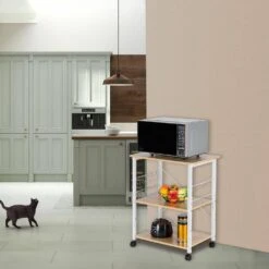3-Tier White P2 MDF Microwave Cart With Vintage Board Top And Wheel -Tahanbath multi colored tahanbath dish racks ct cl hec8cw 31 1000