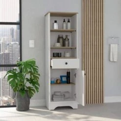 17.30 In. W X 13.80 In. D X 55.70 In. H Particle Board Freestanding Linen Cabinet With Drawer And 2 Shelves In White -Tahanbath multicolor tahanbath linen cabinets ct xl 133112 31 1000