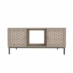Veneer Weaving Coffee Table: 4-Sliding Doors, Rectangular Wooden Storage Cabinet In Natural