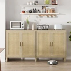 70in.Rattan Buffet Cabinet: 4-Doors, Adjustable Shelves (Easy Assembly) In Natural -Tahanbath natural tahanbath pantry organizers z w757127559 4f 1000