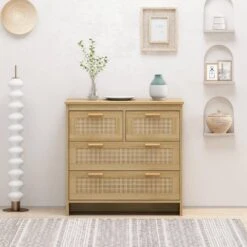 4 Drawers Rattan Cabinet, For Bedroom, Living Room, Dining Room, Hallways, Easy Assembly In Natural -Tahanbath natural tahanbath pantry organizers z w75784351 44 1000