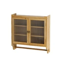 Vintage Glass Door Wall Cabinet With Storage & Towel Rack In Natural