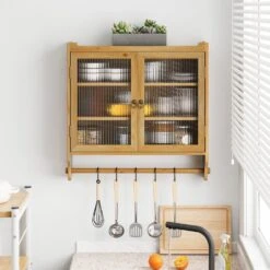 Vintage Glass Door Wall Cabinet With Storage & Towel Rack In Natural -Tahanbath natural tahanbath pantry organizers z w757p170145 76 1000