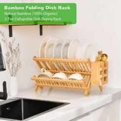 2 Tier Natural Bamboo Standing Foldable Dish Rack With Utensil Holder For Small Spaces -Tahanbath natural wood tahanbath dish racks ct cl x39mpy 4f 1000