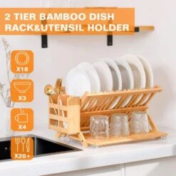 3-Tier Natural Wood Foldable Dish Rack For Small Kitchens And Apartments -Tahanbath natural wood tahanbath dish racks ct cl xfuyg7 4f 1000