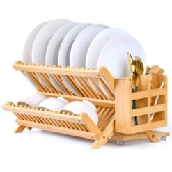 3-Tier Natural Wood Foldable Dish Rack For Small Kitchens And Apartments -Tahanbath natural wood tahanbath dish racks ct cl xfuyg7 a0 1000