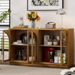 4-Door Large Storage Buffet: Glass Doors, Arched Design In Natural Wood -Tahanbath natural wood tahanbath pantry organizers z w2729p199005 31 1000