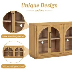 4-Door Large Storage Buffet: Glass Doors, Arched Design In Natural Wood -Tahanbath natural wood tahanbath pantry organizers z w2729p199005 44 1000