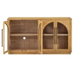4-Door Large Storage Buffet: Glass Doors, Arched Design In Natural Wood -Tahanbath natural wood tahanbath pantry organizers z w2729p199005 4f 1000