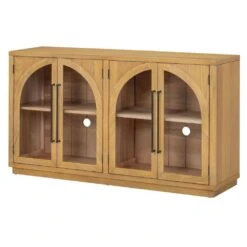 4-Door Large Storage Buffet: Glass Doors, Arched Design In Natural Wood