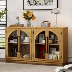 4-Door Large Storage Buffet: Glass Doors, Arched Design In Natural Wood -Tahanbath natural wood tahanbath pantry organizers z w2729p199005 76 1000
