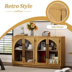 4-Door Large Storage Buffet: Glass Doors, Arched Design In Natural Wood -Tahanbath natural wood tahanbath pantry organizers z w2729p199005 fa 1000