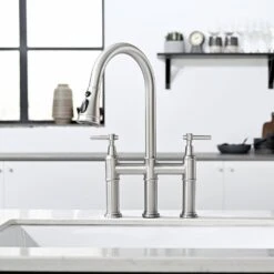 Double Handle Bridge Kitchen Faucet In Nickel -Tahanbath nickel tahanbath bridge kitchen faucets z1307 00n 8in us 1f 1000