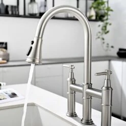 Double Handle Bridge Kitchen Faucet In Nickel -Tahanbath nickel tahanbath bridge kitchen faucets z1307 00n 8in us 44 1000