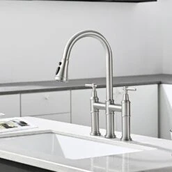 Double Handle Bridge Kitchen Faucet In Nickel -Tahanbath nickel tahanbath bridge kitchen faucets z1307 00n 8in us 4f 1000