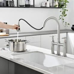 Double Handle Bridge Kitchen Faucet In Nickel -Tahanbath nickel tahanbath bridge kitchen faucets z1307 00n 8in us fa 1000