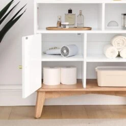 Colorblocking Storage Cabinet: Versatile Solid-Wood-Base Piece For Every Room In White -Tahanbath oak natural wood off white tahanbath pantry organizers z w1801p195703 31 1000