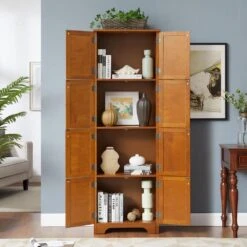 72.4 In. Tall Oak Storage Cabinet: 8 Doors, 4 Shelves For Living Room, Kitchen, Dining Room And Office