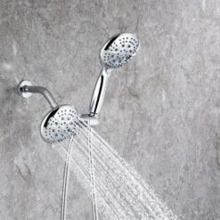 Modern 5-Spray Patterns With 2.5 GPM 4.68 In. Wall Mount Dual Shower Heads With 71 In. Shower Hose In Polished Chrome 23 Modern 5-Spray Patterns With 2.5 GPM 4.68 In. Wall Mount Dual Shower Heads With 71 In. Shower Hose In Polished Chrome -Tahanbath polished chrome dual shower heads pzz rx96106cp zq 31 1000