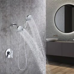 Modern 5-Spray Patterns With 2.5 GPM 4.68 In. Wall Mount Dual Shower Heads With 71 In. Shower Hose In Polished Chrome 14 Modern 5-Spray Patterns With 2.5 GPM 4.68 In. Wall Mount Dual Shower Heads With 71 In. Shower Hose In Polished Chrome -Tahanbath polished chrome dual shower heads pzz rx96106cp zq 40 1000