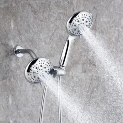Modern 5-Spray Patterns With 2.5 GPM 4.68 In. Wall Mount Dual Shower Heads With 71 In. Shower Hose In Polished Chrome 15 Modern 5-Spray Patterns With 2.5 GPM 4.68 In. Wall Mount Dual Shower Heads With 71 In. Shower Hose In Polished Chrome -Tahanbath polished chrome dual shower heads pzz rx96106cp zq 66 1000