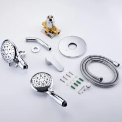 Modern 5-Spray Patterns With 2.5 GPM 4.68 In. Wall Mount Dual Shower Heads With 71 In. Shower Hose In Polished Chrome 22 Modern 5-Spray Patterns With 2.5 GPM 4.68 In. Wall Mount Dual Shower Heads With 71 In. Shower Hose In Polished Chrome -Tahanbath polished chrome dual shower heads pzz rx96106cp zq 76 1000