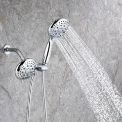 Modern 5-Spray Patterns With 2.5 GPM 4.68 In. Wall Mount Dual Shower Heads With 71 In. Shower Hose In Polished Chrome 16 Modern 5-Spray Patterns With 2.5 GPM 4.68 In. Wall Mount Dual Shower Heads With 71 In. Shower Hose In Polished Chrome -Tahanbath polished chrome dual shower heads pzz rx96106cp zq 77 1000