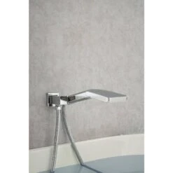 Single-Handle Waterfall Tub Faucet Wall Mount Roman Tub Filler With Hand Shower In Polished Chrome -Tahanbath polished chrome roman tub faucets w1194 d97207cp kxc fa 1000