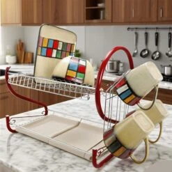 2-Tier Colored-Chrome Standing Dish Rack With Plastic Draining Tray, Mug Stand, And Cup Holder
