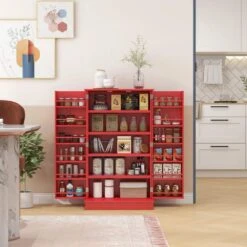 11.80 In. W X 23.60 In. D X 40.90 In. H Red MDF Freestanding Linen Cabinet With 12 Door Shelves And Double Doors In Red -Tahanbath red tahanbath linen cabinets ct xl p229098 31 1000