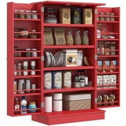11.80 In. W X 23.60 In. D X 40.90 In. H Red MDF Freestanding Linen Cabinet With 12 Door Shelves And Double Doors In Red -Tahanbath red tahanbath linen cabinets ct xl p229098 4f 1000