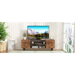 55-Inch TV Stand In Rustic Brown: Media Console Table With Storage Cabinets And Soft-Hinge Handles For Home Use -Tahanbath rustic brown tahanbath pantry organizers z dr hlrtt01z01n 44 1000