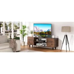 55-Inch TV Stand In Rustic Brown: Media Console Table With Storage Cabinets And Soft-Hinge Handles For Home Use -Tahanbath rustic brown tahanbath pantry organizers z dr hlrtt01z01n 4f 1000