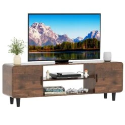 55-Inch TV Stand In Rustic Brown: Media Console Table With Storage Cabinets And Soft-Hinge Handles For Home Use